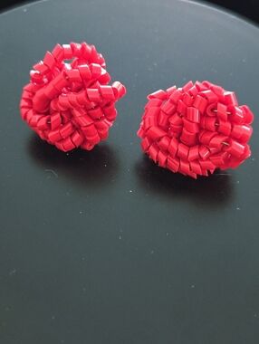 Vintage Red Beaded Floral Cluster Stud Earrings - Women Jewelry